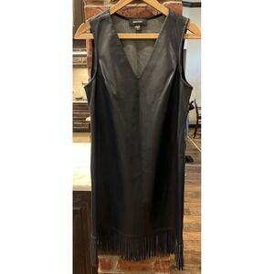 Karen Kane Faux Leather Fringe Mini Dress Navy Blue V Neck Small